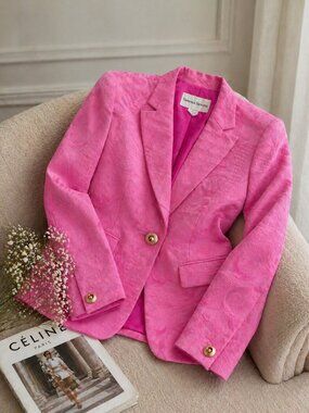 Vanessa Stevens Pink Jacquard Blazer Gold Button Statement Jacket